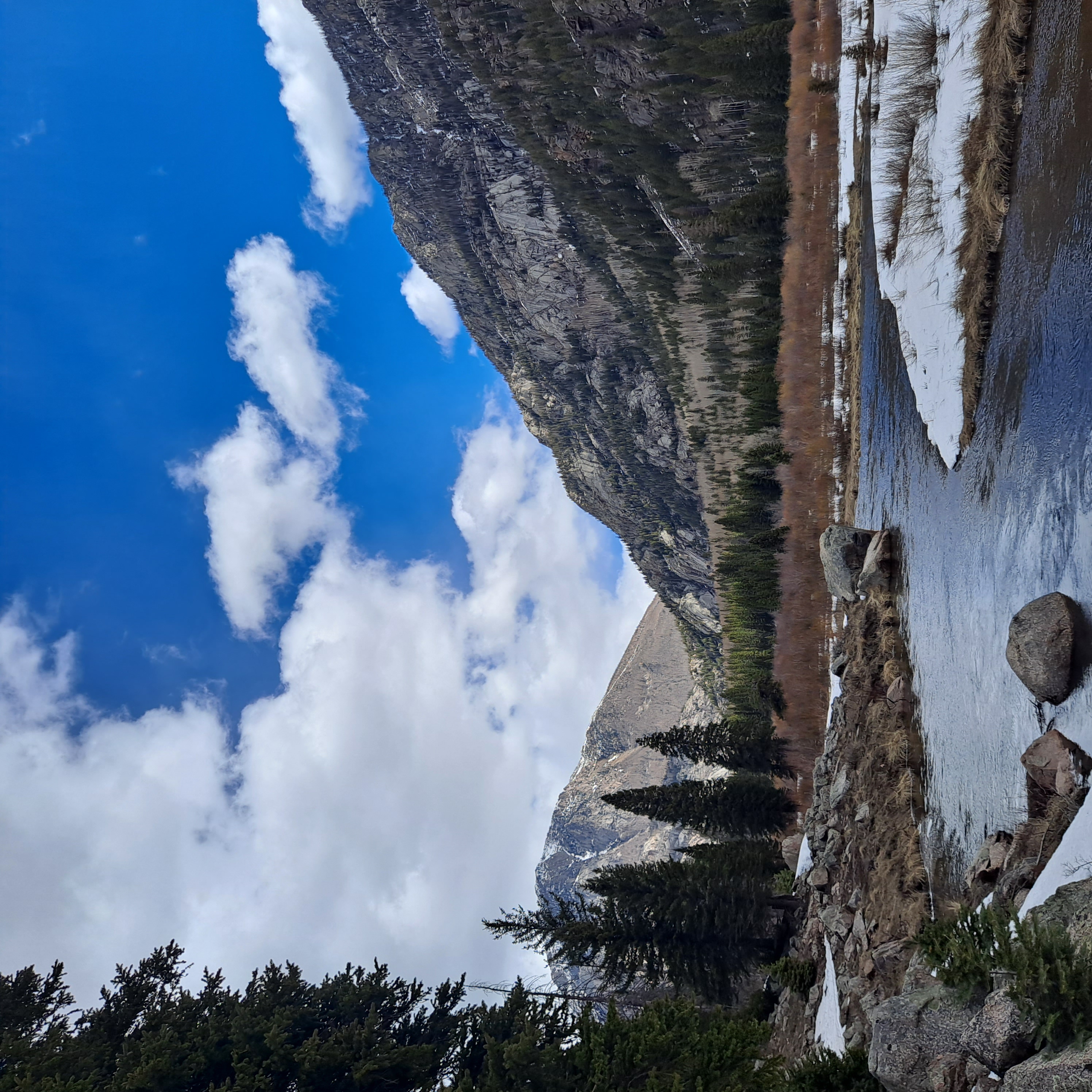 ~SE view of the location Keaton's ashes were spread in the Weminuche Wilderness. mountains, snow, river, pine tress, brown-red bush foliage